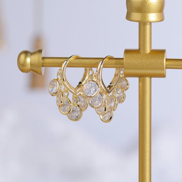 NEW 14K Gold Plated Round Diamond Drop Huggie Hoop Earrings - Picture 7 of 8